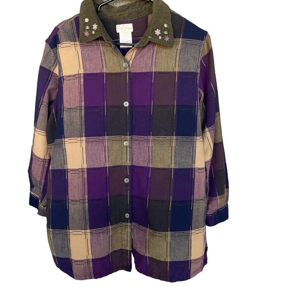 Bobbie Brooks Shirt Womens Plus Size 18W Button Up Plaid Embroidered Floral Boho - Picture 1 of 10
